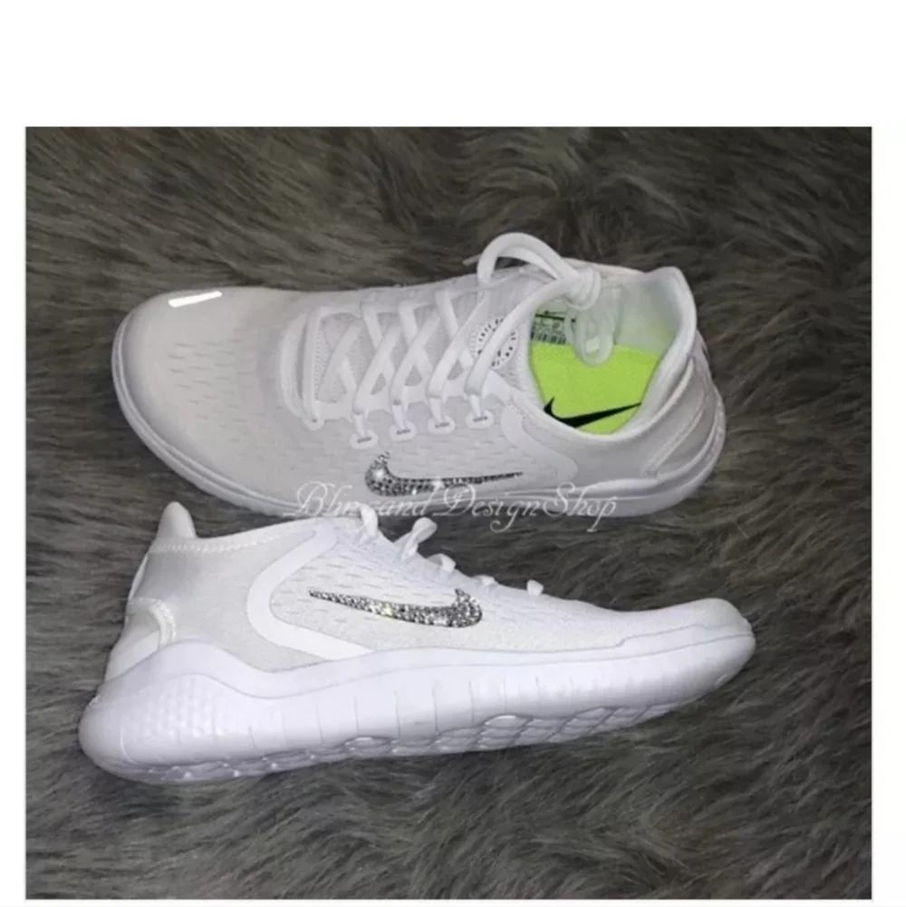 Bling Nike Free RN 2018 White Sneakers Customized with Crystal Rhinestones